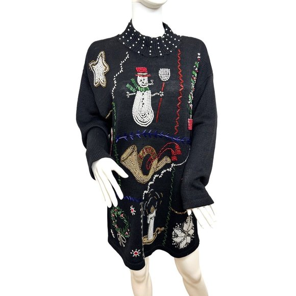 Christmas Tunic Sweater Victoria Jones Vintage 90’s M/L Black Beaded Pearls Mock - Picture 1 of 17